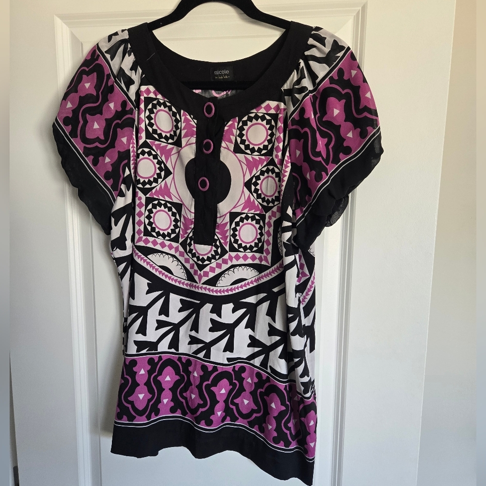Nicole Miller Womens Sheath Short Sleeve Batik Lightweight Black Purple Size 16